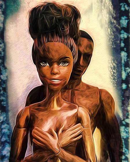 A black woman and man looking at camera