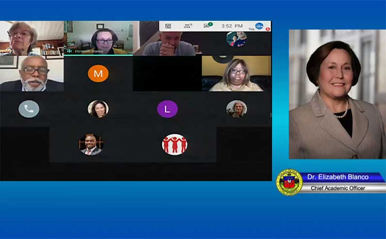 A virtual meeting with boxes of people and a main speaker photo on the right side