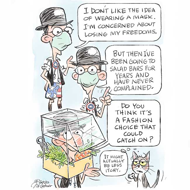 a man contemplating a mask out of a salad bar