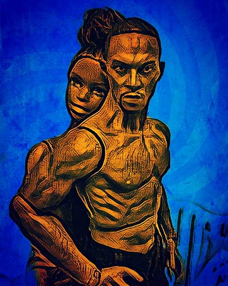 A painting of a black man and a blackwoman behind him