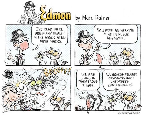 A person arguing a conspiracy theory about masks when a cat attacks him saying: everything has a health risk