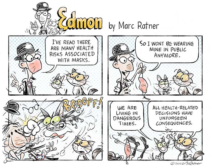 A person arguing a conspiracy theory about masks when a cat attacks him saying: everything has a health risk