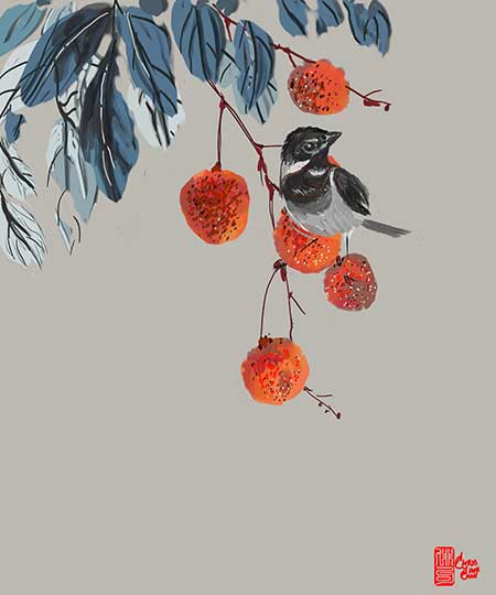 painting of a bird on orange flowers
