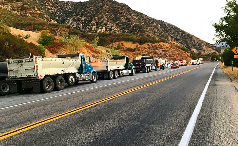 lines of trucks on the side of the road and a kia n the middle