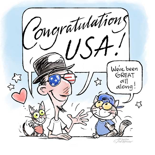 a guy in a hat and glasses shouting congrats, while a cat is saying: America was always great