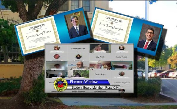 2 individuals with awards and a zoom call of many people