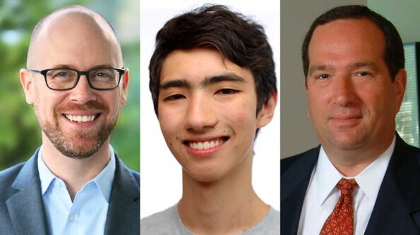 three guys, one with glasses, one young student and one person in a tie
