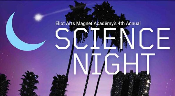 a poster for a science night with palm trees and a moon