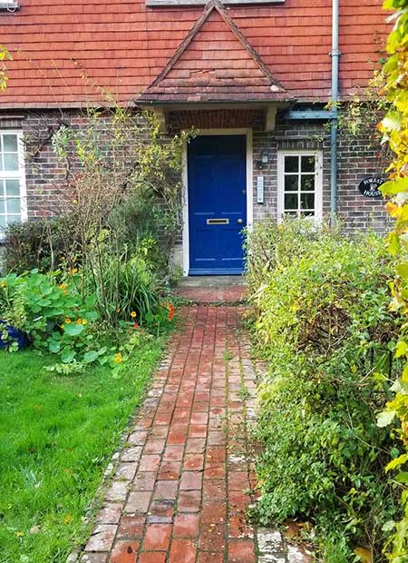 a house with a blue door