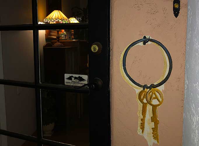 a room with large keys outside hanging