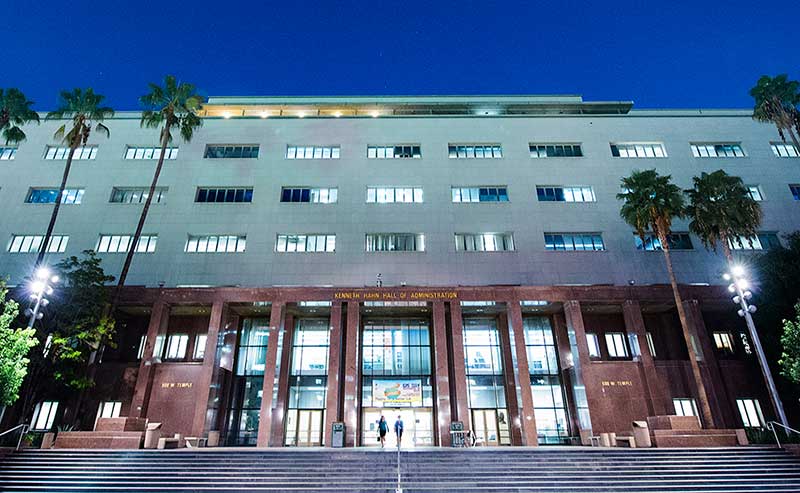 A building lit at night
