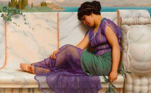 Painting of a woman idling by a pool