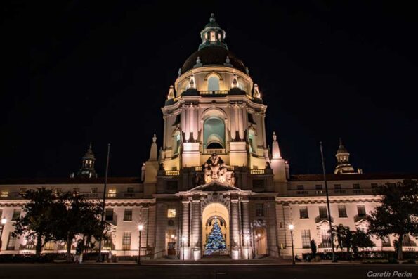 A building majestically lit at night