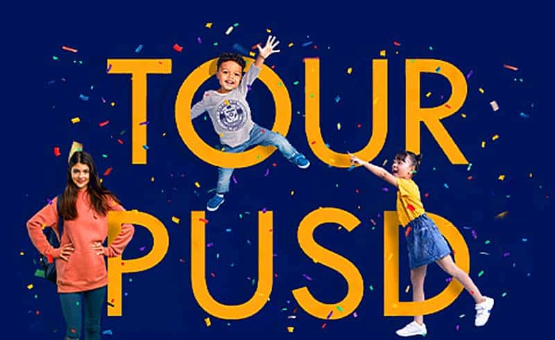 a girl and kids hanging from the word Tour PUSD