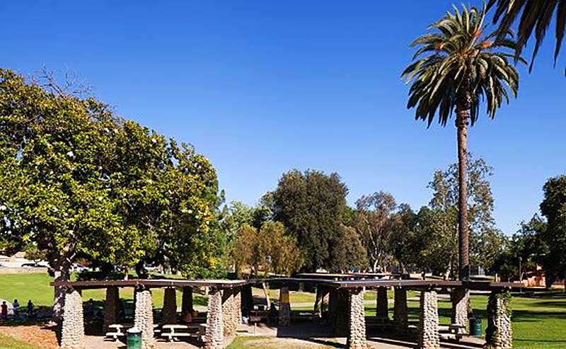 A park with seating areas