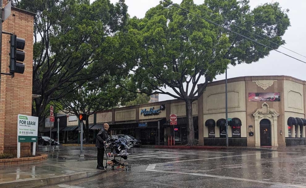 a person with a cart attempting to cross a street