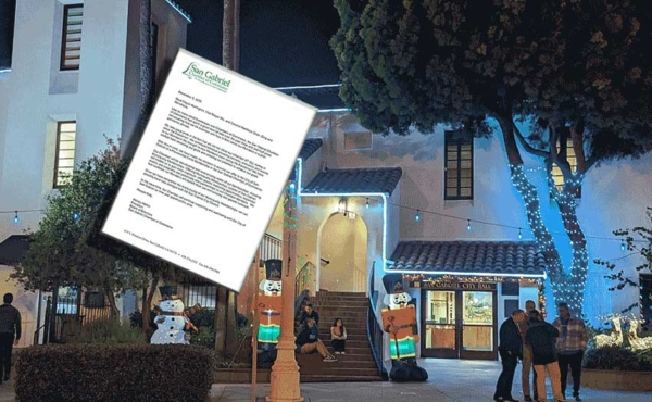 people around a building with insert of a letter