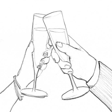 two hands raising champagne glasses