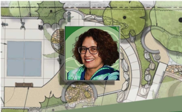 a photo of a woman over rendering of a park