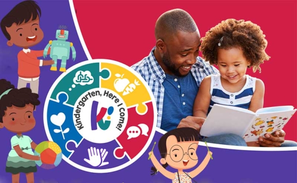 A dad with his child, and cartoons of children cheering