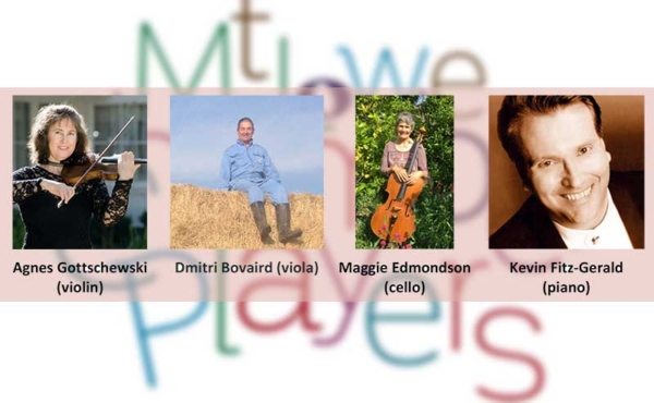 Musicians with a logo behind them