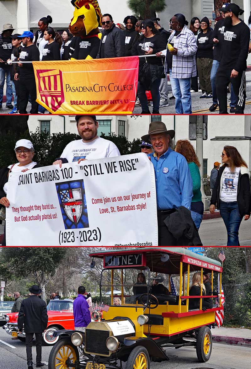 Groups Holding banners, playing music and riding in a historical car