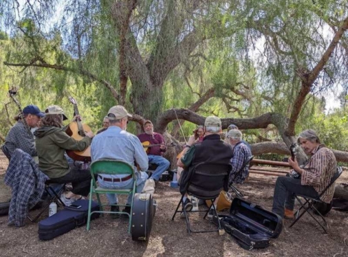 People gathered in a circle playing string instruments