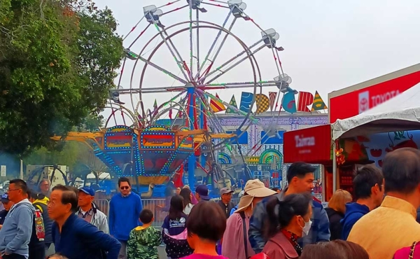 A Ferris Wheel and people mingling around