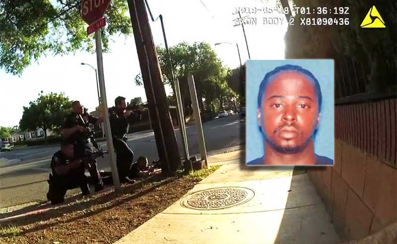 officers with guns drawn and a photo of a person shot by officers
