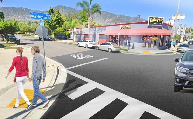a rendering of a street with striped walkways