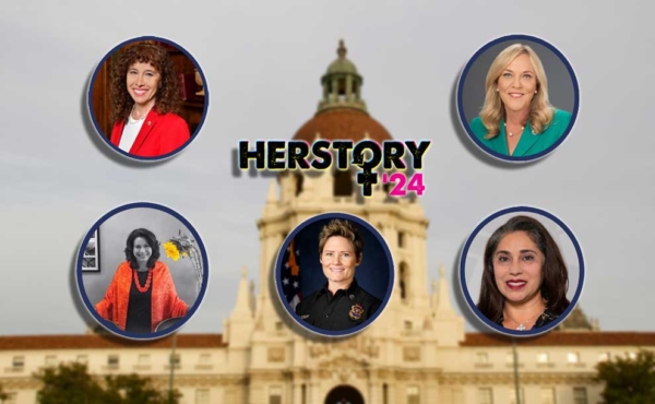 women photos over a city hall