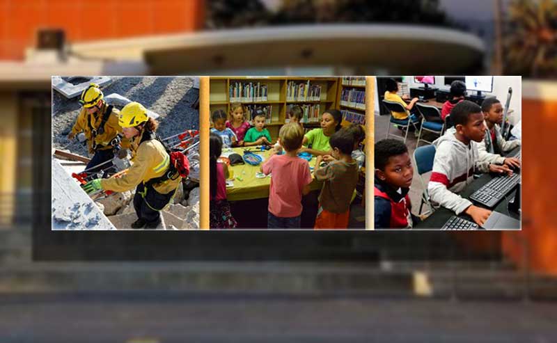 photos of kids at library and firefighter trainings