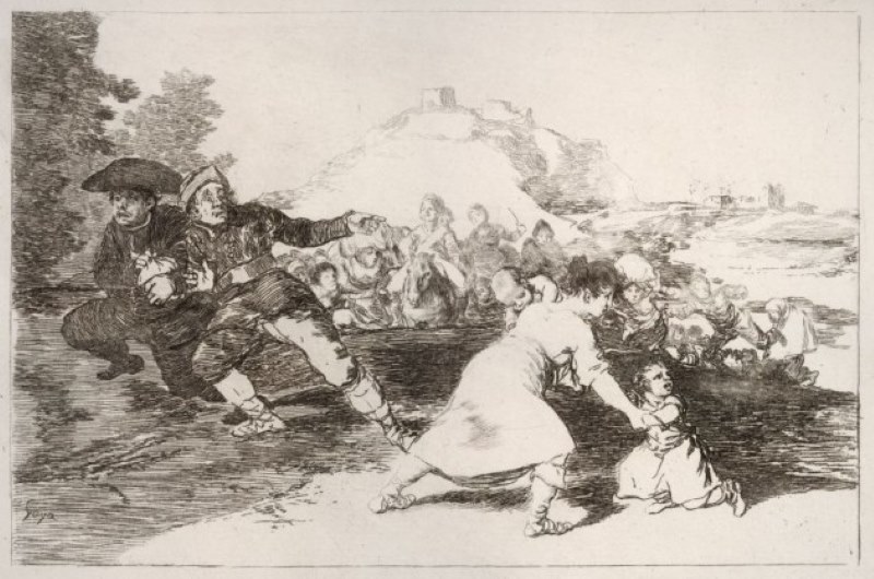 A black and white etching of a war scene