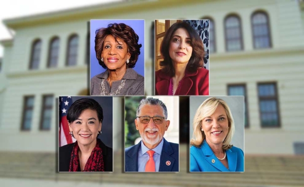 Photos of speakers over a school building