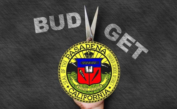 a knife cutting through the word budget with a logo of the local school district