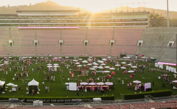 pink tents on a field