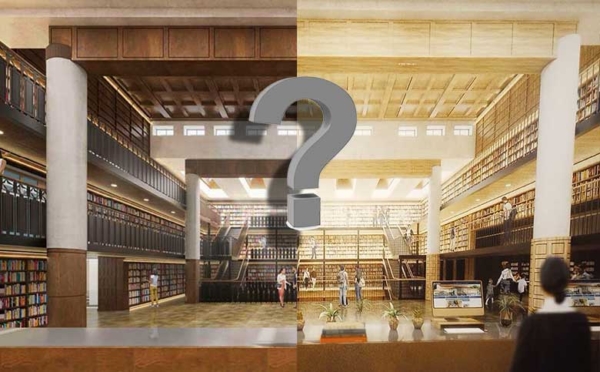 A question mark over a dark and a light design of an interior of a library
