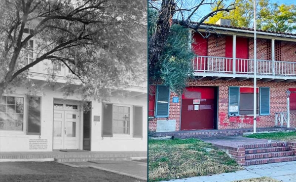 A historic building in black and white and color