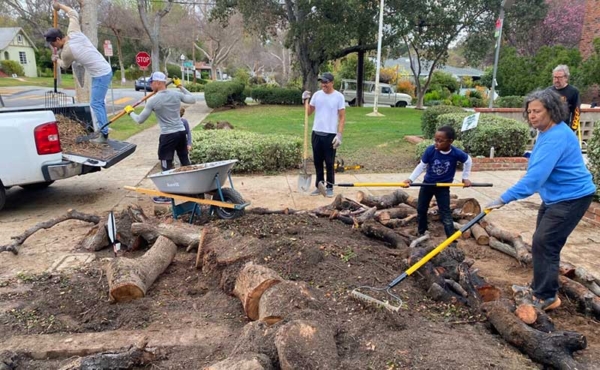 People working with soil