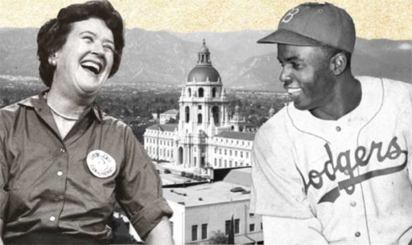 Acomposite photo of a white woman and a black man in a baseball uniform laugh