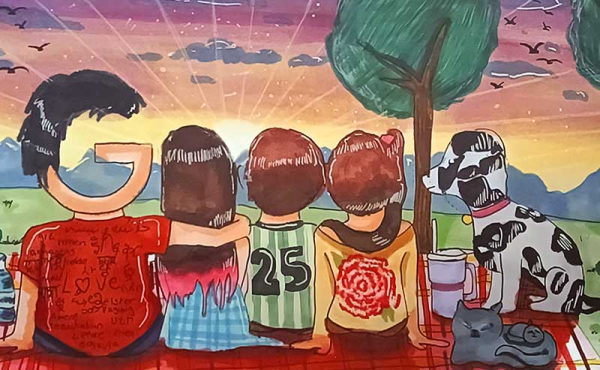 a drawing for Google with the letter G and kids and a dog