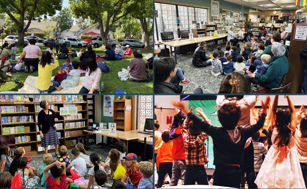 kids at various reading activities indoors and outdoors