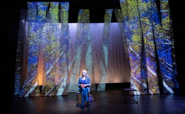 A woman on stage in a forest setting