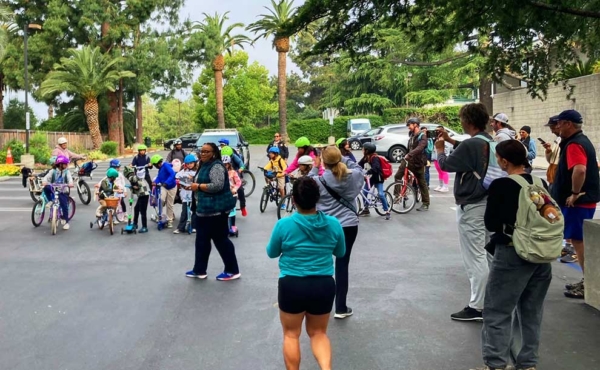 students on bikes going to school