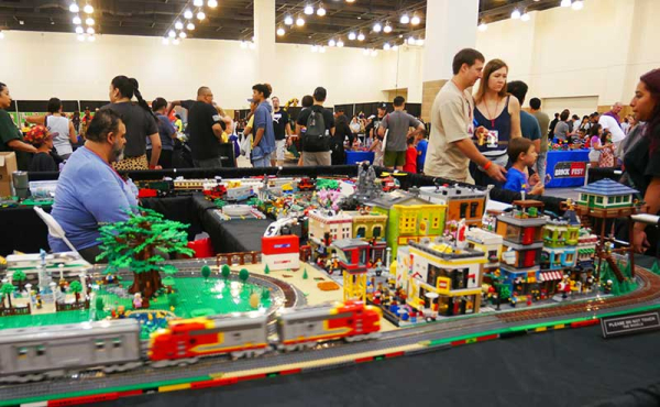 miniature bricks and trains on display