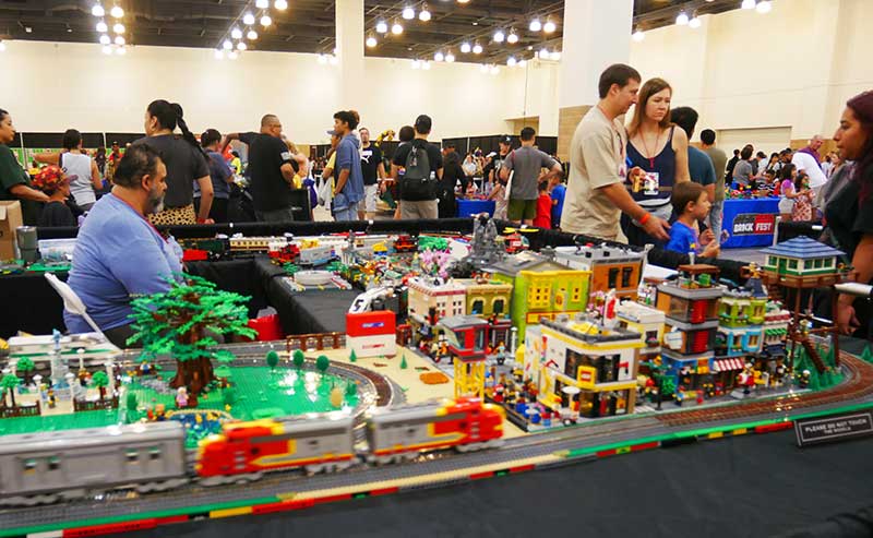 miniature bricks and trains on display
