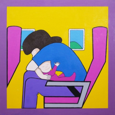 A painting of a mother holding a happy baby in an airplane seat