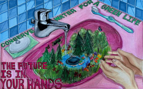 A sink with trees and faucet running on top