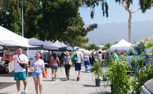 People walking around tented booths