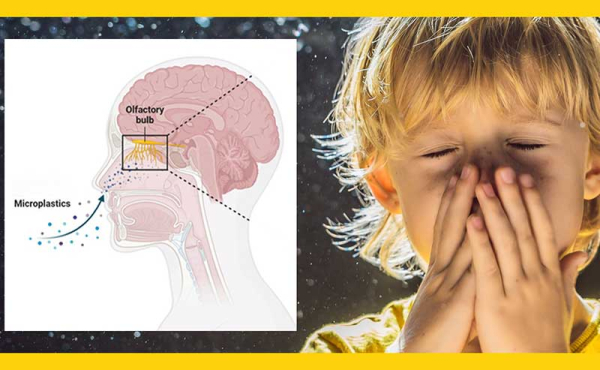 a child covering his nose and a demonstration of microplastics entering through the nose